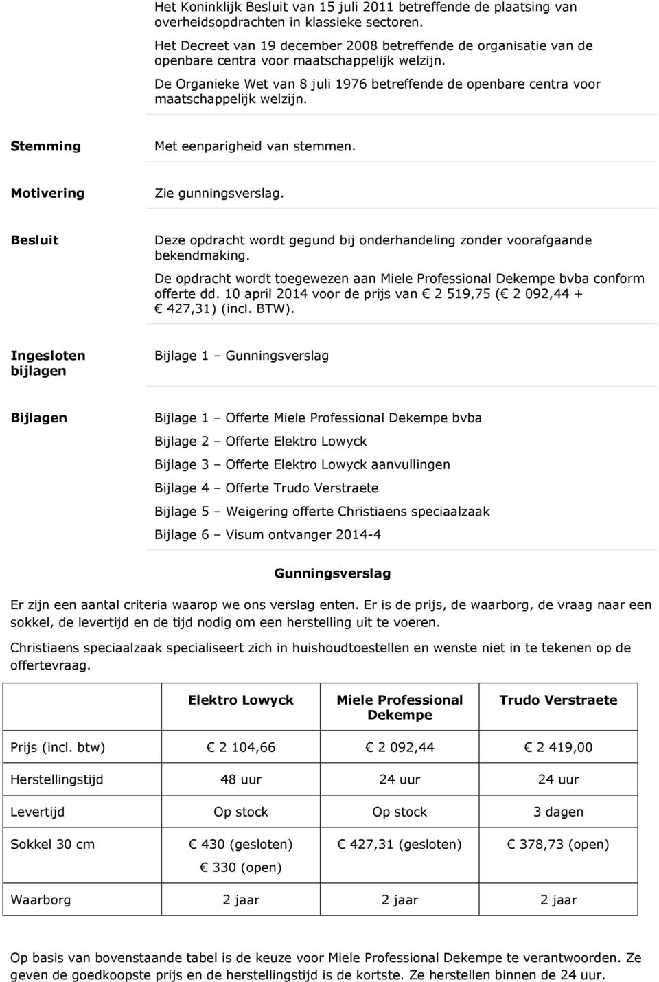 De Organieke Wet van 8 juli 1976 betreffende de openbare centra voor maatschappelijk welzijn. Stemming Met eenparigheid van stemmen. Motivering Zie gunningsverslag.