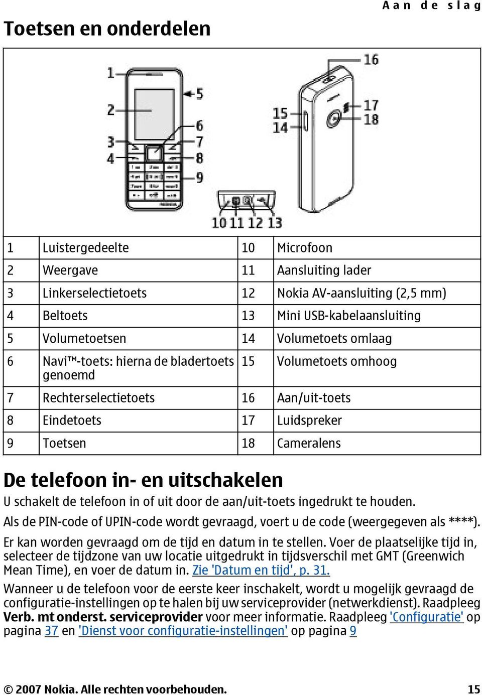 telefoon in- en uitschakelen U schakelt de telefoon in of uit door de aan/uit-toets ingedrukt te houden. Als de PIN-code of UPIN-code wordt gevraagd, voert u de code (weergegeven als ****).