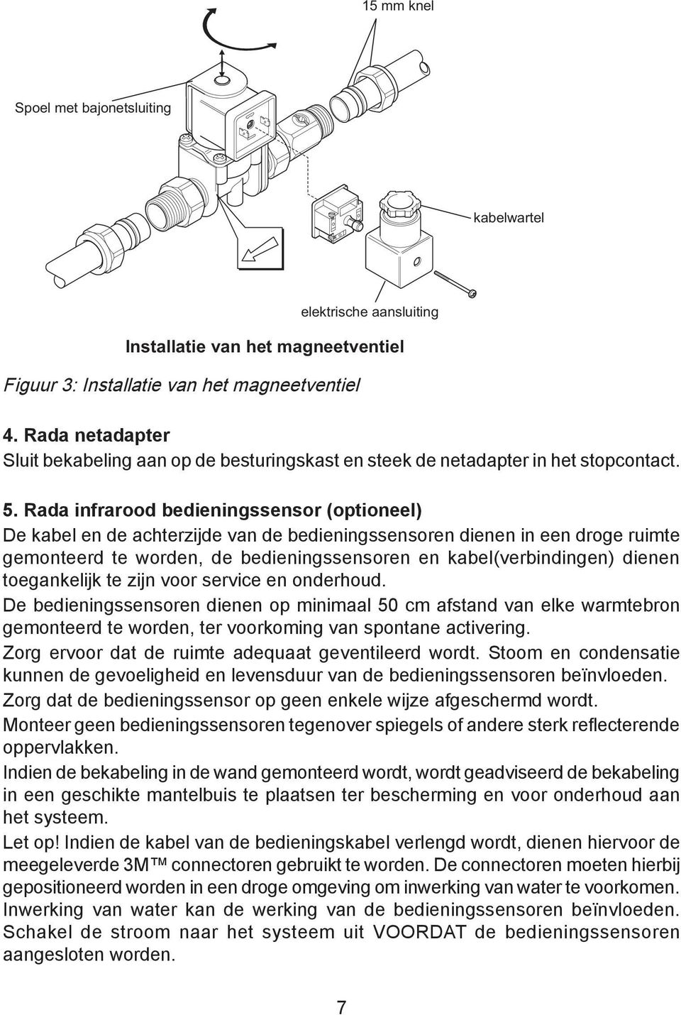 Rada infrarood bedieningssensor (optioneel) De kabel en de achterzijde van de bedieningssensoren dienen in een droge ruimte gemonteerd te worden, de bedieningssensoren en kabel(verbindingen) dienen