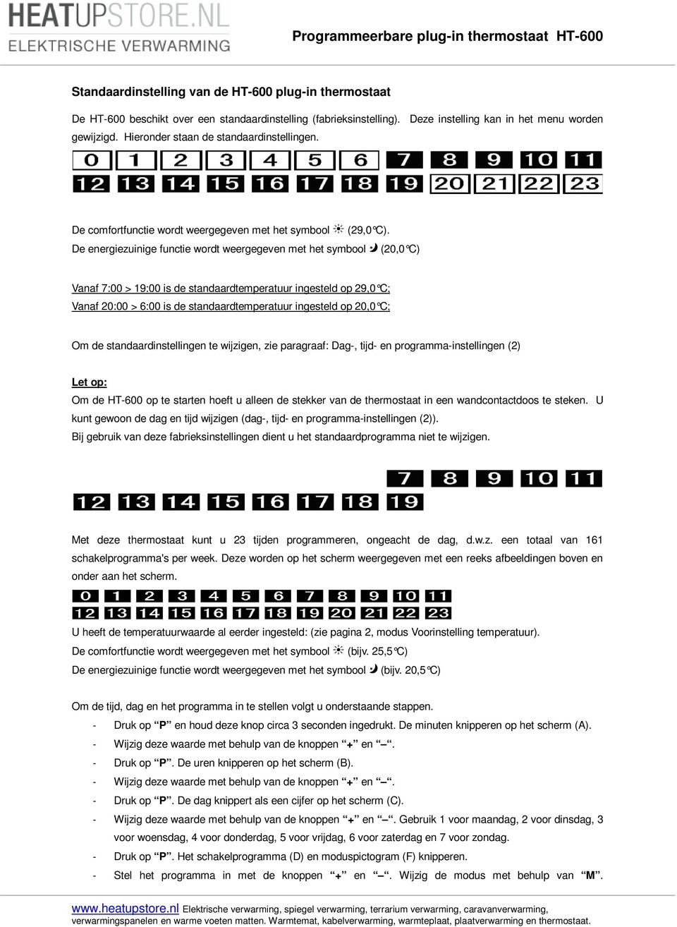 De energiezuinige functie wordt weergegeven met het symbool (20,0 C) Vanaf 7:00 > 19:00 is de standaardtemperatuur ingesteld op 29,0 C; Vanaf 20:00 > 6:00 is de standaardtemperatuur ingesteld op 20,0