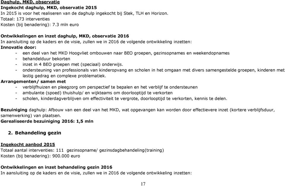 Hoogvliet ombouwen naar BEO groepen, gezinsopnames en weekendopnames - behandelduur bekorten - inzet in 4 BEO groepen met (speciaal) onderwijs.