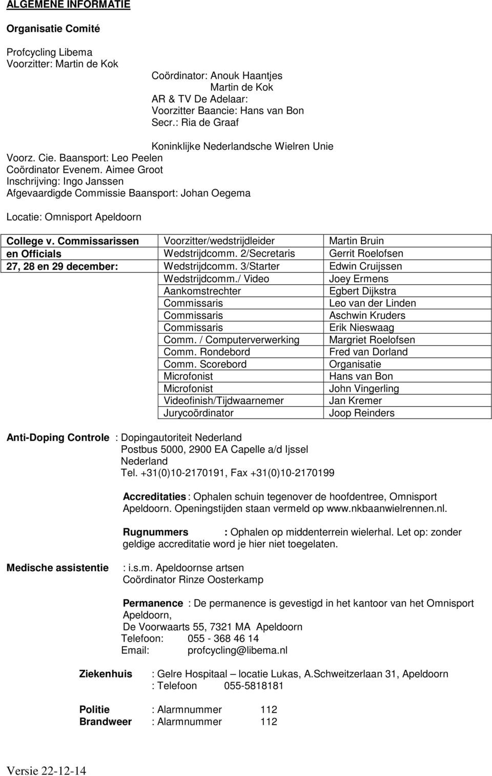 Aimee Groot Inschrijving: Ingo Janssen Afgevaardigde Commissie Baansport: Johan Oegema Locatie: Omnisport Apeldoorn College v.