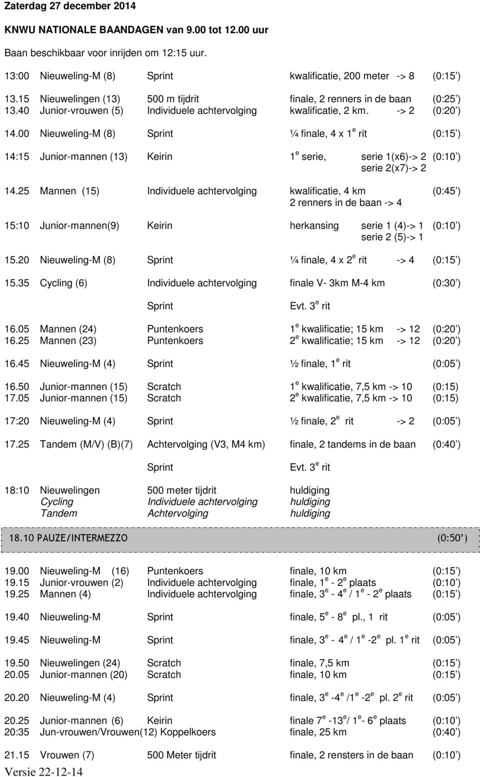 00 Nieuweling-M (8) ¼ finale, 4 x 1 e rit (0:15 ) 14:15 Junior-mannen (13) Keirin 1 e serie, serie 1(x6)-> 2 (0:10 ) serie 2(x7)-> 2 14.
