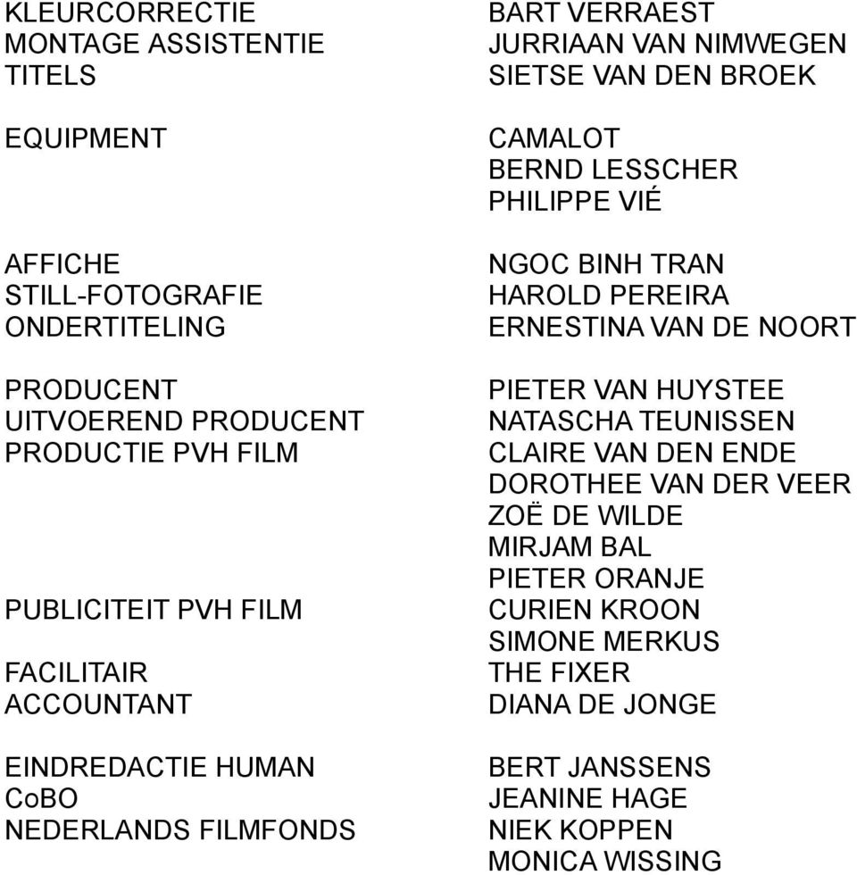 CAMALOT BERND LESSCHER PHILIPPE VIÉ NGOC BINH TRAN HAROLD PEREIRA ERNESTINA VAN DE NOORT PIETER VAN HUYSTEE NATASCHA TEUNISSEN CLAIRE VAN DEN ENDE