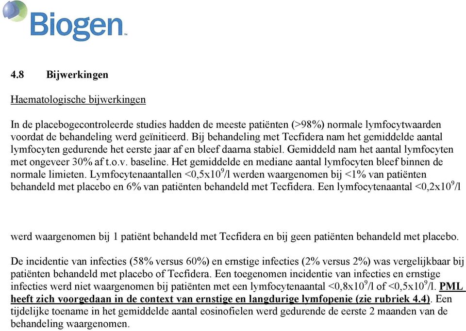 Het gemiddelde en mediane aantal lymfocyten bleef binnen de normale limieten.