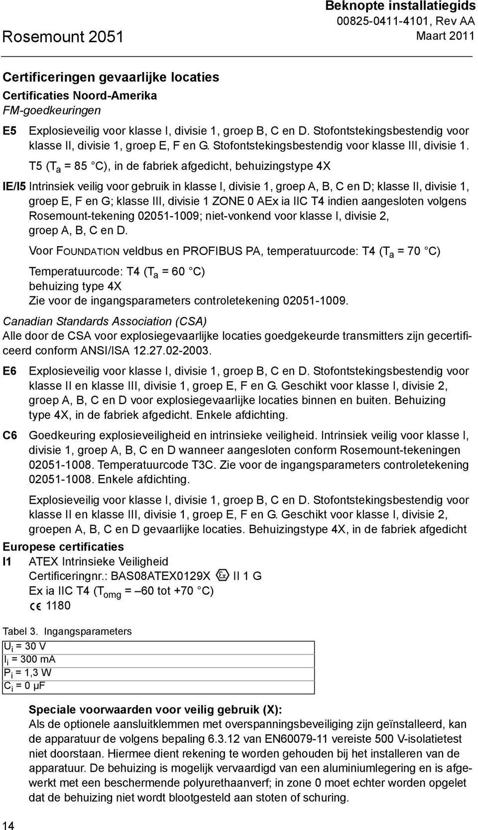 T5 (T a = 85 C), in de fabriek afgedicht, behuizingstype 4X IE/I5 Intrinsiek veilig voor gebruik in klasse I, divisie 1, groep A, B, C en D; klasse II, divisie 1, groep E, F en G; klasse III, divisie