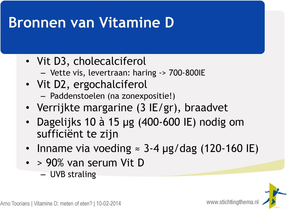 ) Verrijkte margarine (3 IE/gr), braadvet Dagelijks 10 à 15 µg (400-600 IE) nodig