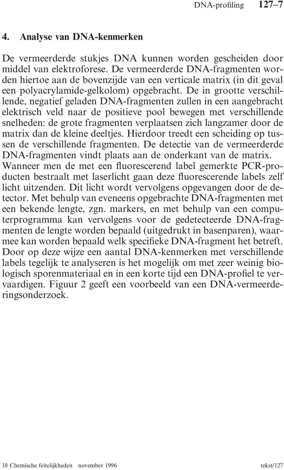 De in grootte verschillende, negatief geladen DNA-fragmenten zullen in een aangebracht elektrisch veld naar de positieve pool bewegen met verschillende snelheden: de grote fragmenten verplaatsen zich