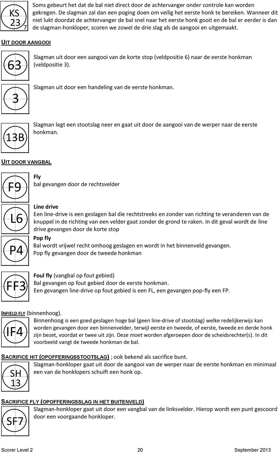 UIT DOOR AANGOOI 6 Slagman uit door een aangooi van de korte stop (veldpositie 6) naar de eerste honkman (veldpositie ). B Slagman uit door een handeling van de eerste honkman.