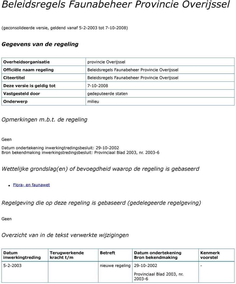 t 7-10-2008 Vastgesteld door Onderwerp gedeputeerde staten milieu Opmerkingen m.b.t. de regeling Geen Datum ondertekening inwerkingtredingsbesluit: 29-10-2002 Bron bekendmaking inwerkingstredingsbesluit: Provinciaal Blad 2003, nr.