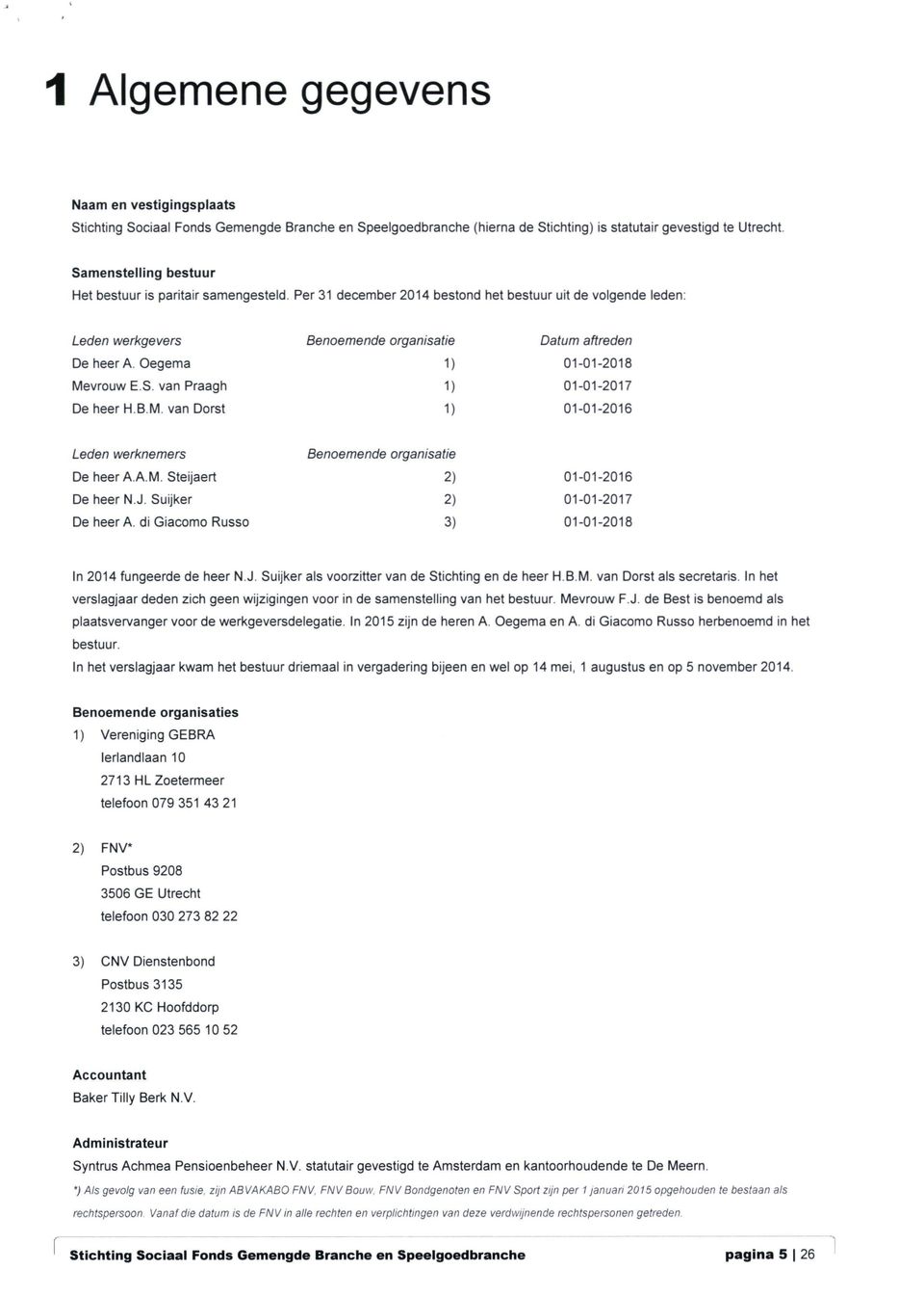 Oegema 1) 01-01-2018 Mevrouw E,S, van Praagh 1) 01-01-2017 De heer H.B.M, van Dorst 1) 01-01-2016 Leden werknemers Benoemende organisatie De heer A A.M. Steijaert 2) 01-01-2016 De heer N.