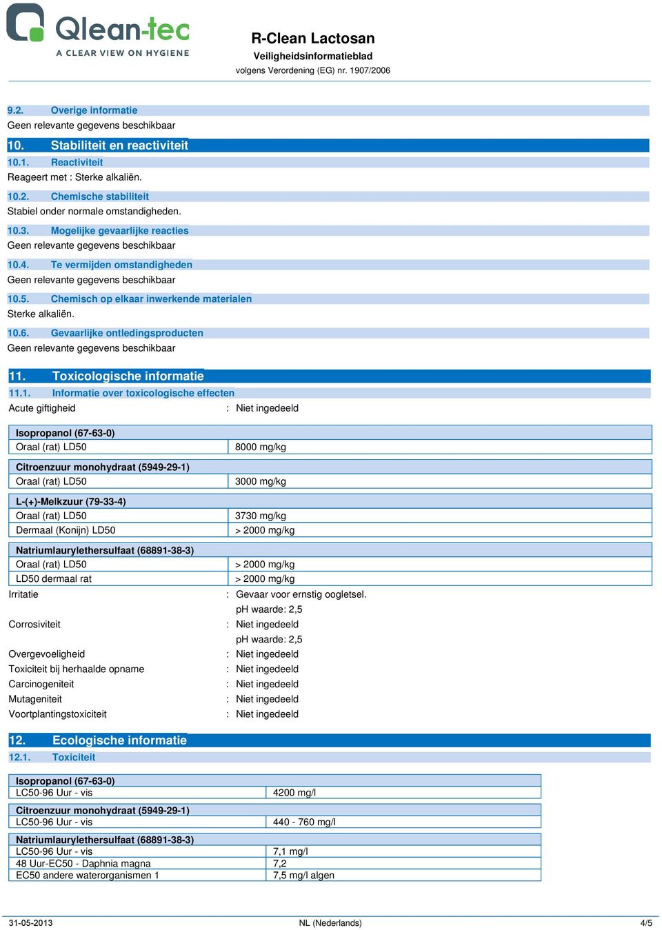 1. Informatie over toxicologische effecten Acute giftigheid Isopropanol (67-63-0) Citroenzuur monohydraat (5949-29-1) L-(+)-Melkzuur (79-33-4) Dermaal (Konijn) LD50 Natriumlaurylethersulfaat