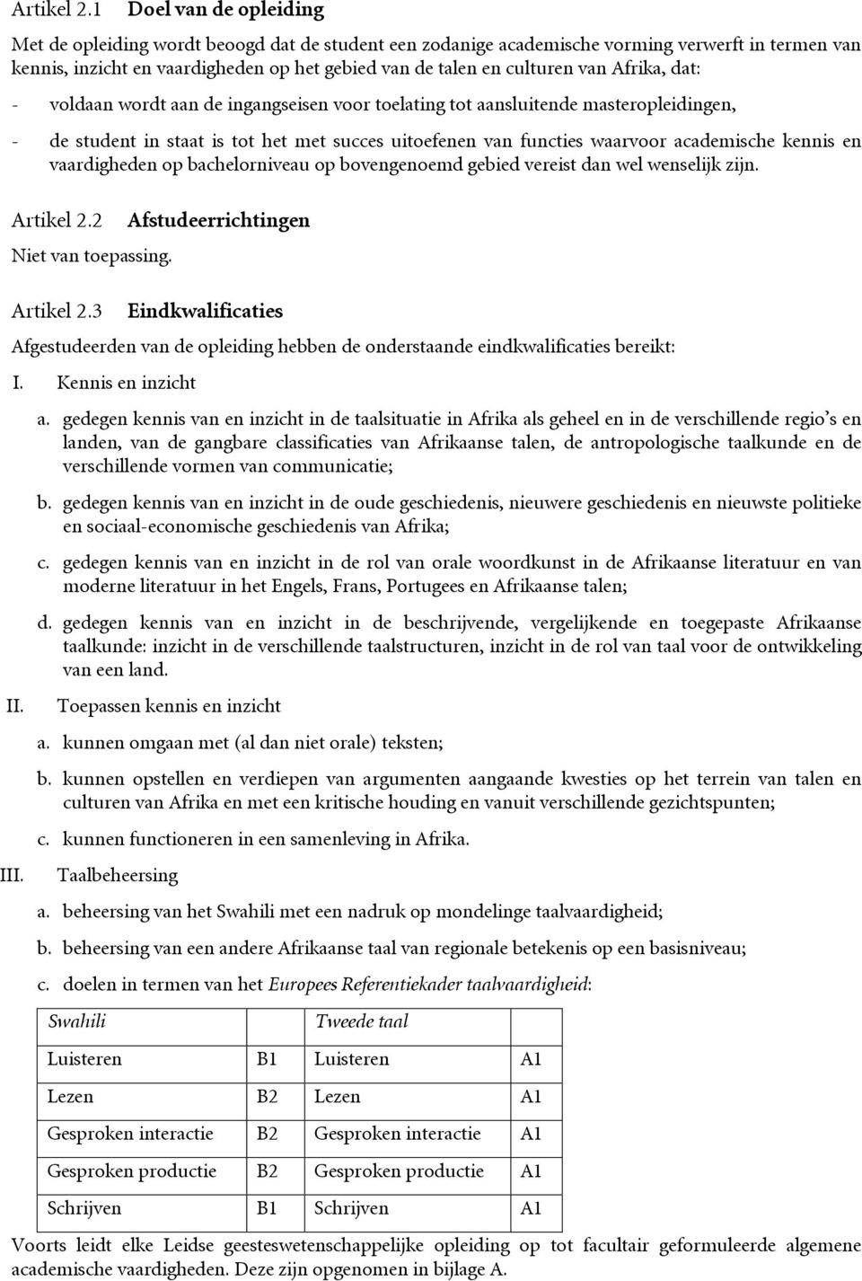 Afrika, dat: - voldaan wordt aan de ingangseisen voor toelating tot aansluitende masteropleidingen, - de student in staat is tot het met succes uitoefenen van functies waarvoor academische kennis en