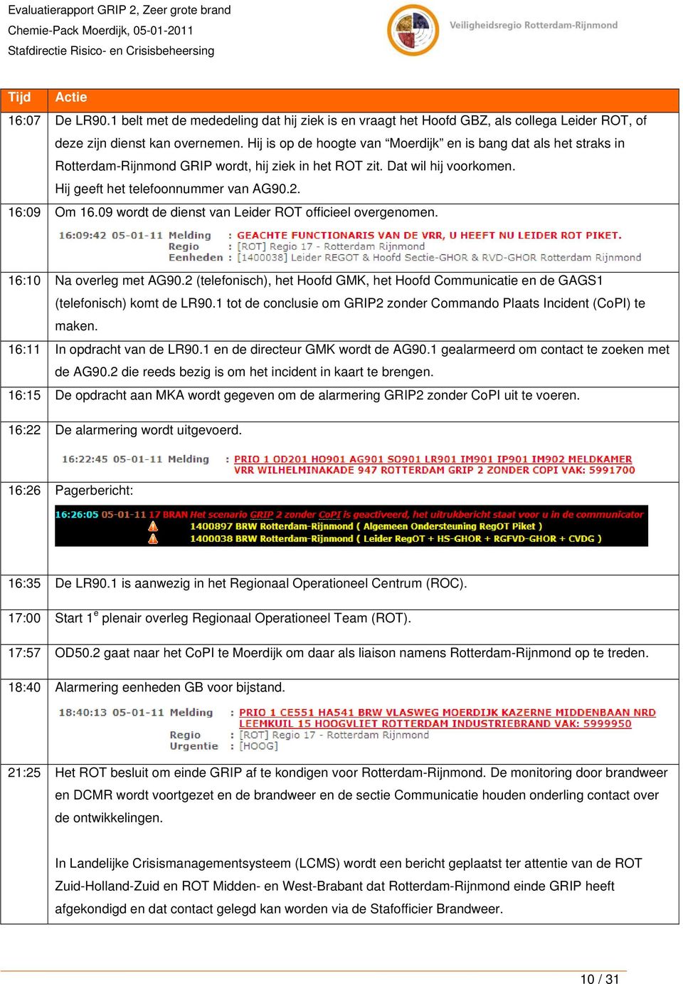 09 wordt de dienst van Leider ROT officieel overgenomen. 16:10 Na overleg met AG90.2 (telefonisch), het Hoofd GMK, het Hoofd Communicatie en de GAGS1 (telefonisch) komt de LR90.