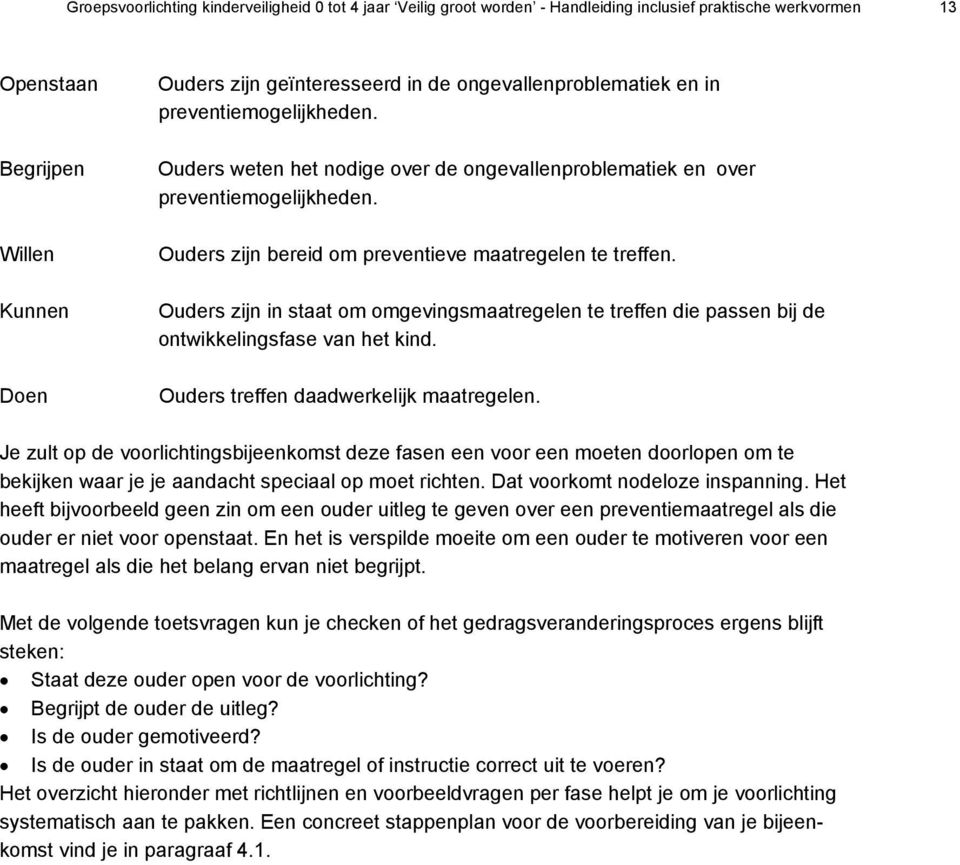 Ouders zijn in staat om omgevingsmaatregelen te treffen die passen bij de ontwikkelingsfase van het kind. Ouders treffen daadwerkelijk maatregelen.