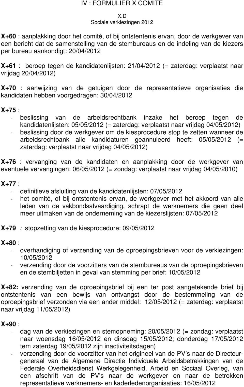 20/04/2012 X+61 : beroep tegen de kandidatenlijsten: 21/04/2012 (= zaterdag: verplaatst naar vrijdag 20/04/2012) X+70 : aanwijzing van de getuigen door de representatieve organisaties die kandidaten