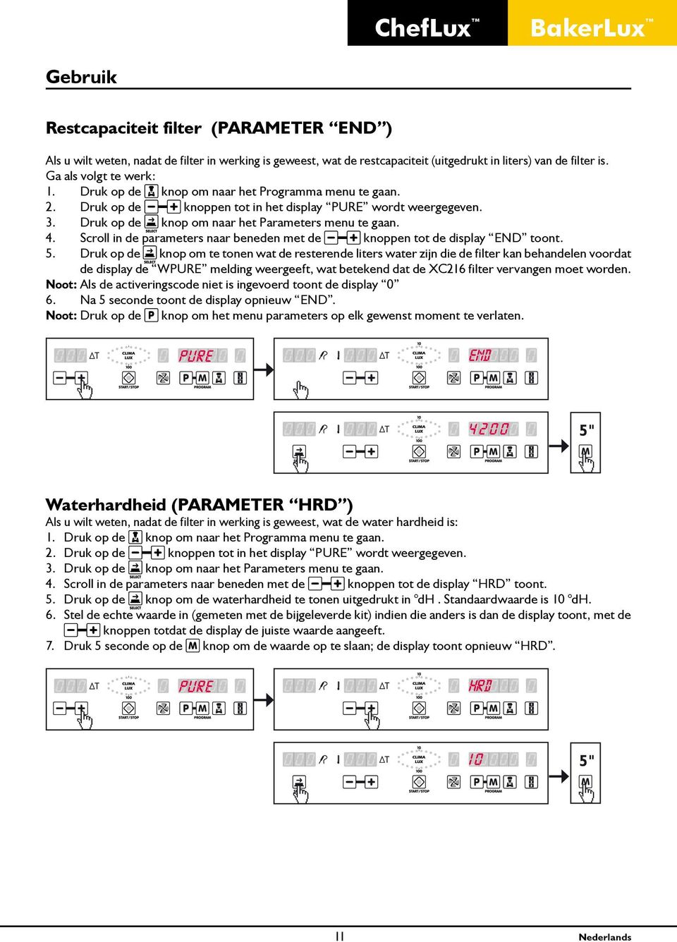 Scroll in de parameters naar beneden met de knoppen tot de display END toont. 5.