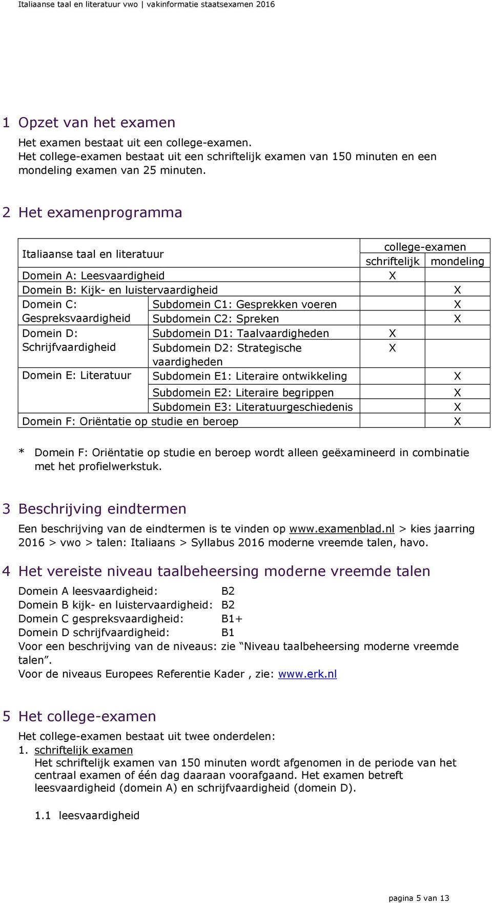 X Gespreksvaardigheid Subdomein C2: Spreken X Domein D: Subdomein D1: Taalvaardigheden X Schrijfvaardigheid Subdomein D2: Strategische X vaardigheden Domein E: Literatuur Subdomein E1: Literaire