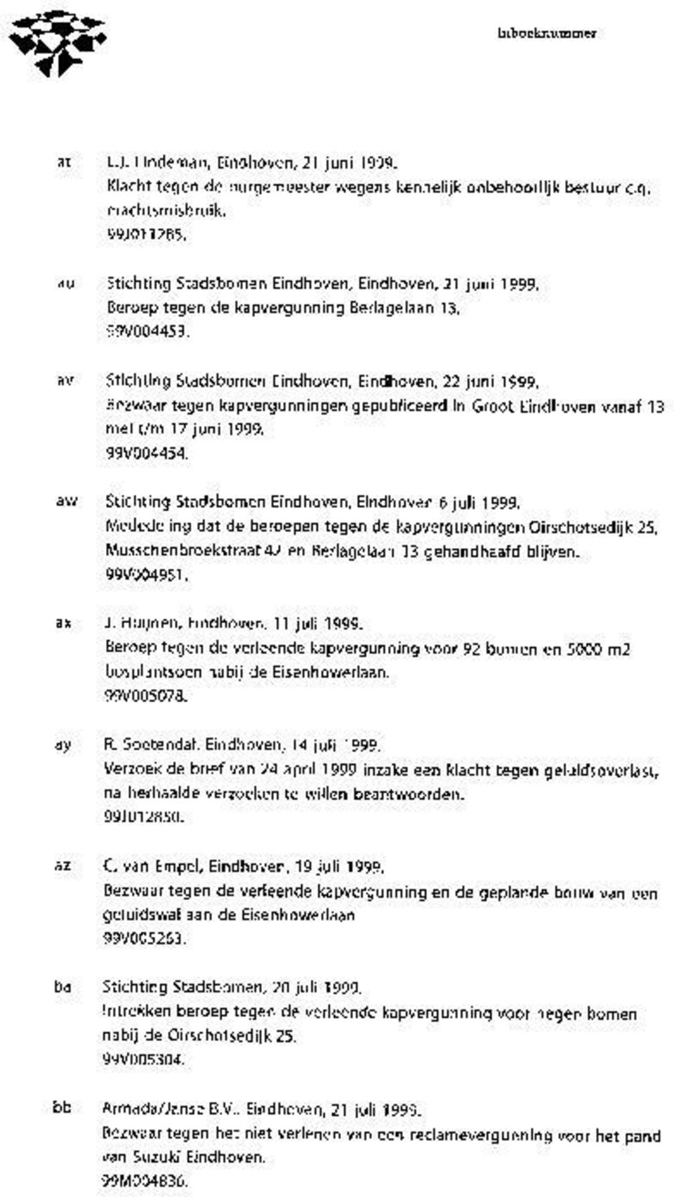 Bezwaar tegen kapvergunningen gepubliceerd in Groot Eindhoven vanaf 13 mei t/m 17 juni 1999. 99V004454. aw Stichting 5tadsbomen Eindhoven, Eindhoven 6 juli 1999.