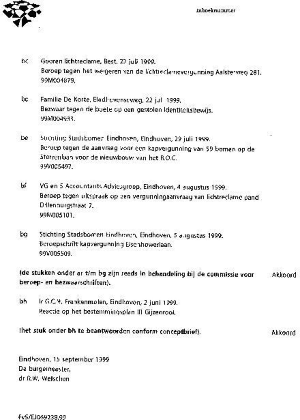 Beroep tegen de aanvraag voor een kapvergunning van 59 bomen op de Sterrenlaan voor de nieuwbouw van het R,O.C. 99V005497. bf VG en 5 Accountants Adviesgroep, Eindhoven, 4 augustus 1999.
