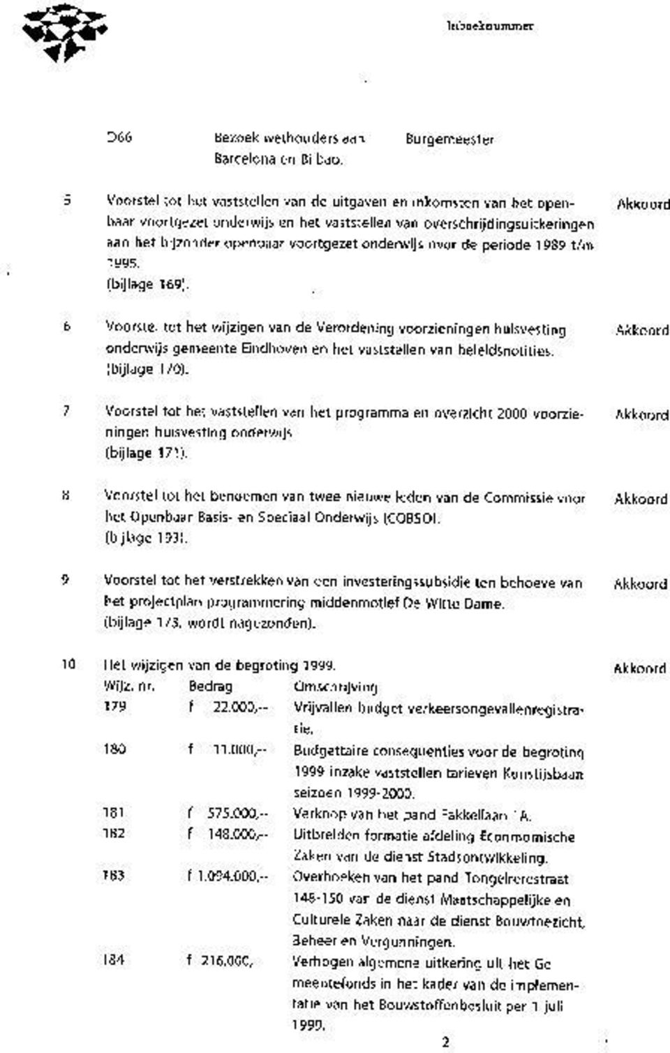 over de periode 1989 t/m 1995. (bijlage 169). 6 Voorstel tot het wijzigen van de Verordening voorzieningen huisvesting onderwijs gemeente Eindhoven en het vaststellen van beleidsnotities.