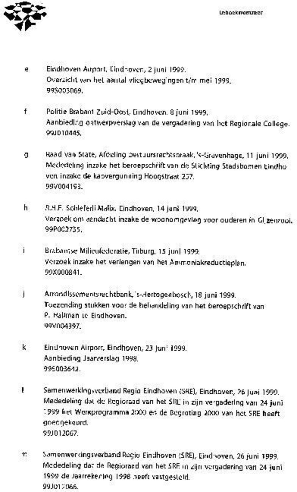 Mededeling inzake het beroepschiift van de Stichting Stadsbomen Eindhoven inzake de kapvergunning Hoogstraat 257. 99V004193. h R.H.F. Schieferli Malix, Eindhoven, 14 juni 1999.