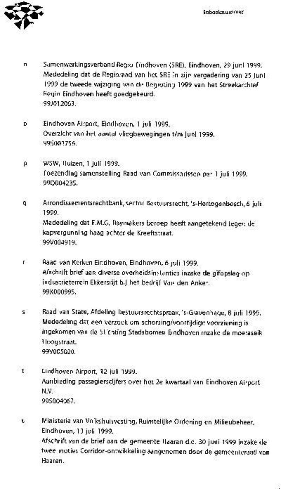 o Eindhoven Airport, Eindhoven, 1 juli 1999. Overzicht van het aantal vliegbewegingen t/m juni 1999. 995003756. p WSW, Huizen, 1 juli 1999.