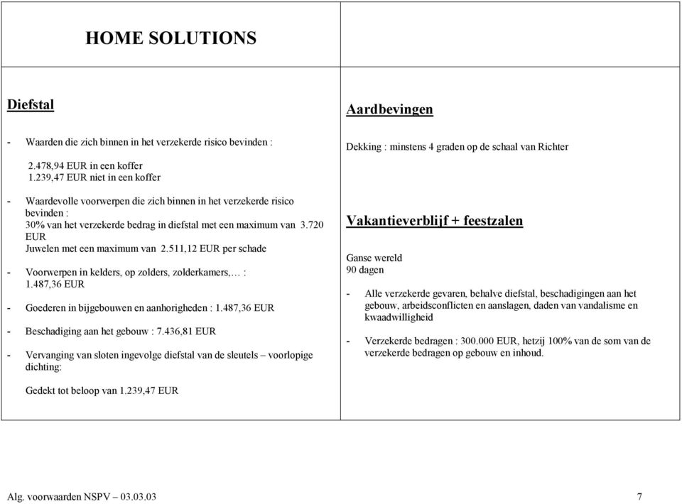 720 EUR Juwelen met een maximum van 2.511,12 EUR per schade - Voorwerpen in kelders, op zolders, zolderkamers, : 1.487,36 EUR - Goederen in bijgebouwen en aanhorigheden : 1.