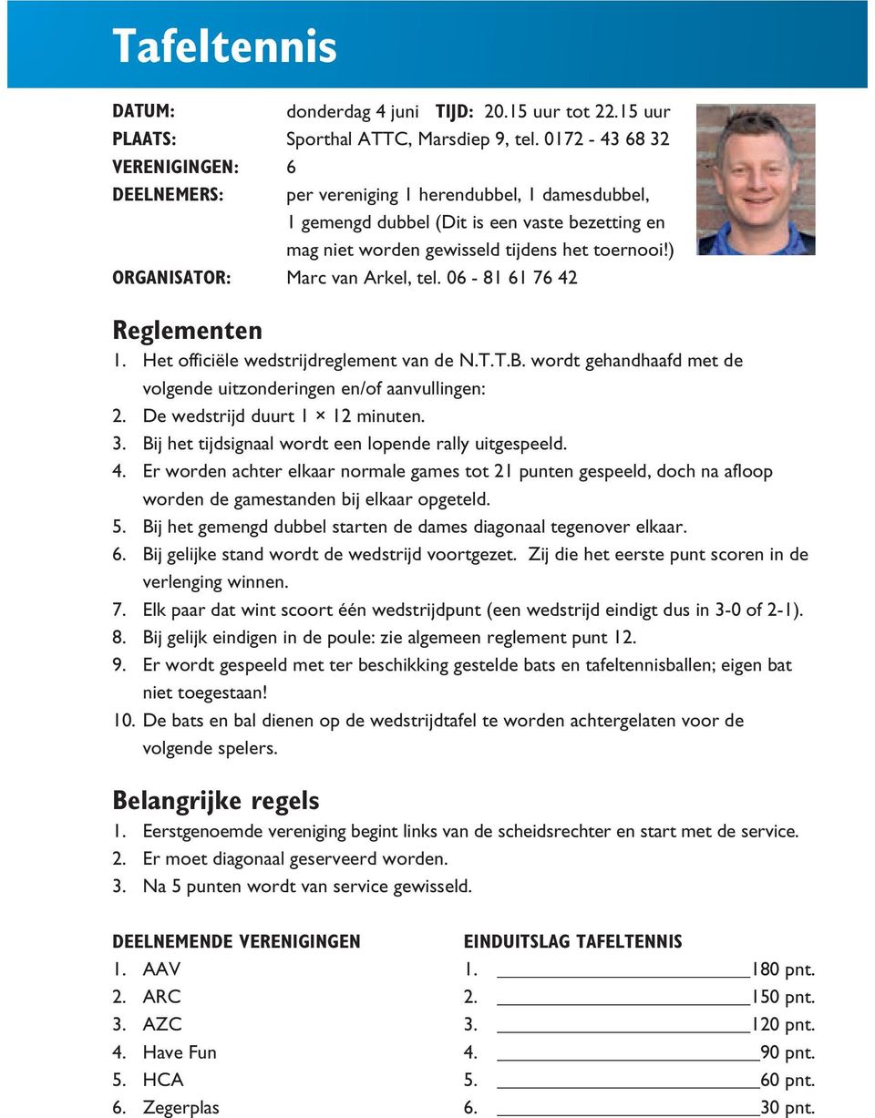 ) ORGANISATOR: Marc van Arkel, tel. 06-81 61 76 42 Reglementen 1. Het officiële wedstrijdreglement van de N.T.T.B. wordt gehandhaafd met de volgende uitzonderingen en/of aanvullingen: 2.