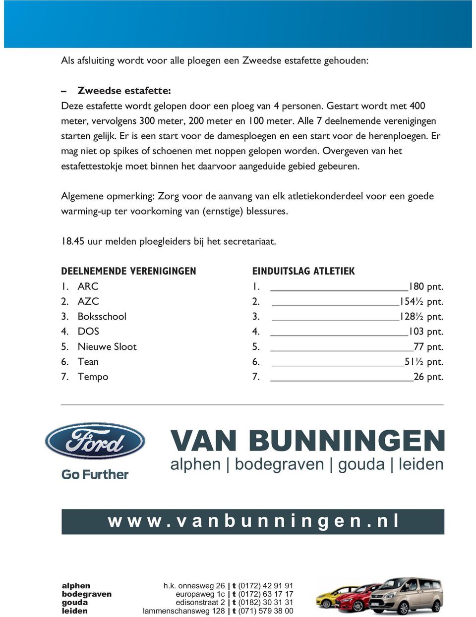 Er mag niet op spikes of schoenen met noppen gelopen worden. Overgeven van het estafettestokje moet binnen het daarvoor aangeduide gebied gebeuren.