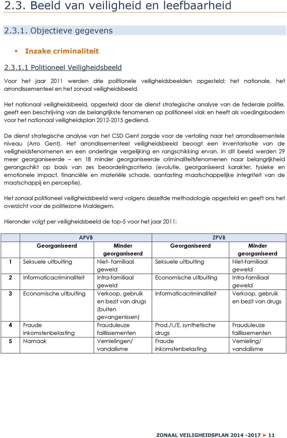 1 Politioneel Veiligheidsbeeld Voor het jaar 2011 werden drie politionele veiligheidsbeelden opgesteld: het nationale, het arrondissementeel en het zonaal veiligheidsbeeld.