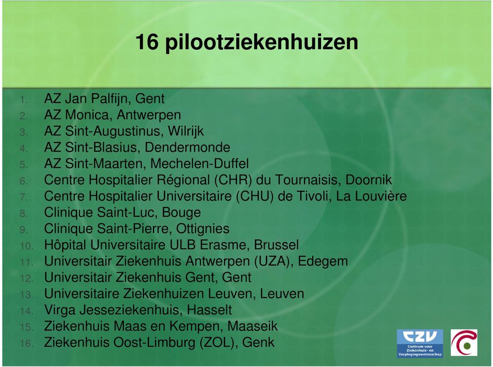 Clinique Saint-Luc, Bouge 9. Clinique Saint-Pierre, Ottignies 10. Hôpital Universitaire ULB Erasme, Brussel 11. Universitair Ziekenhuis Antwerpen (UZA), Edegem 12.