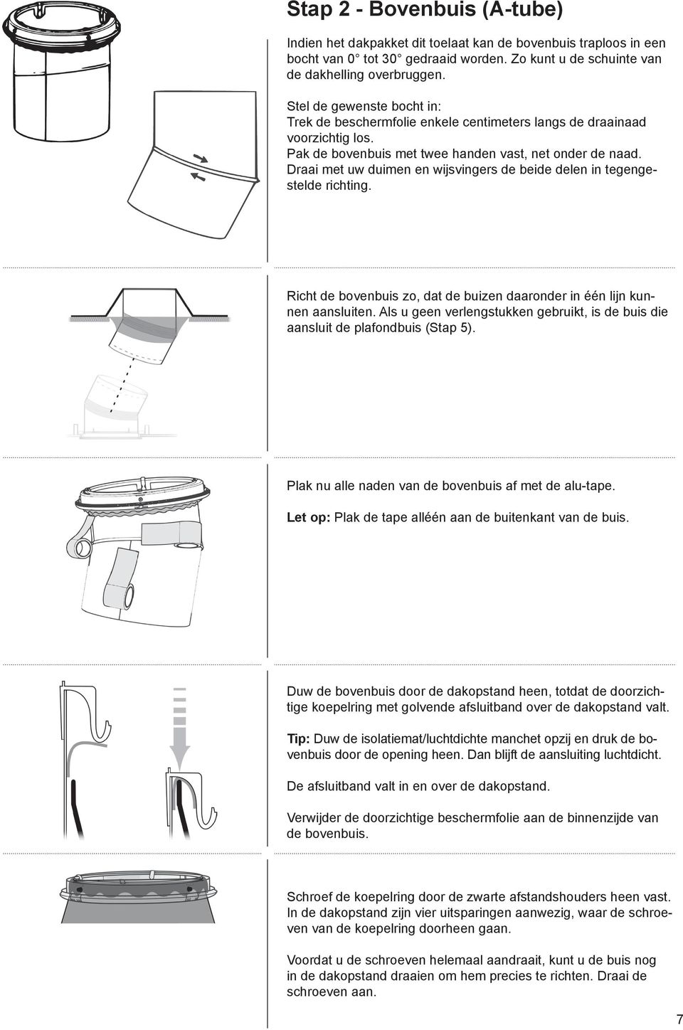 Draai met uw duimen en wijsvingers de beide delen in tegengestelde richting. Richt de bovenbuis zo, dat de buizen daaronder in één lijn kunnen aansluiten.