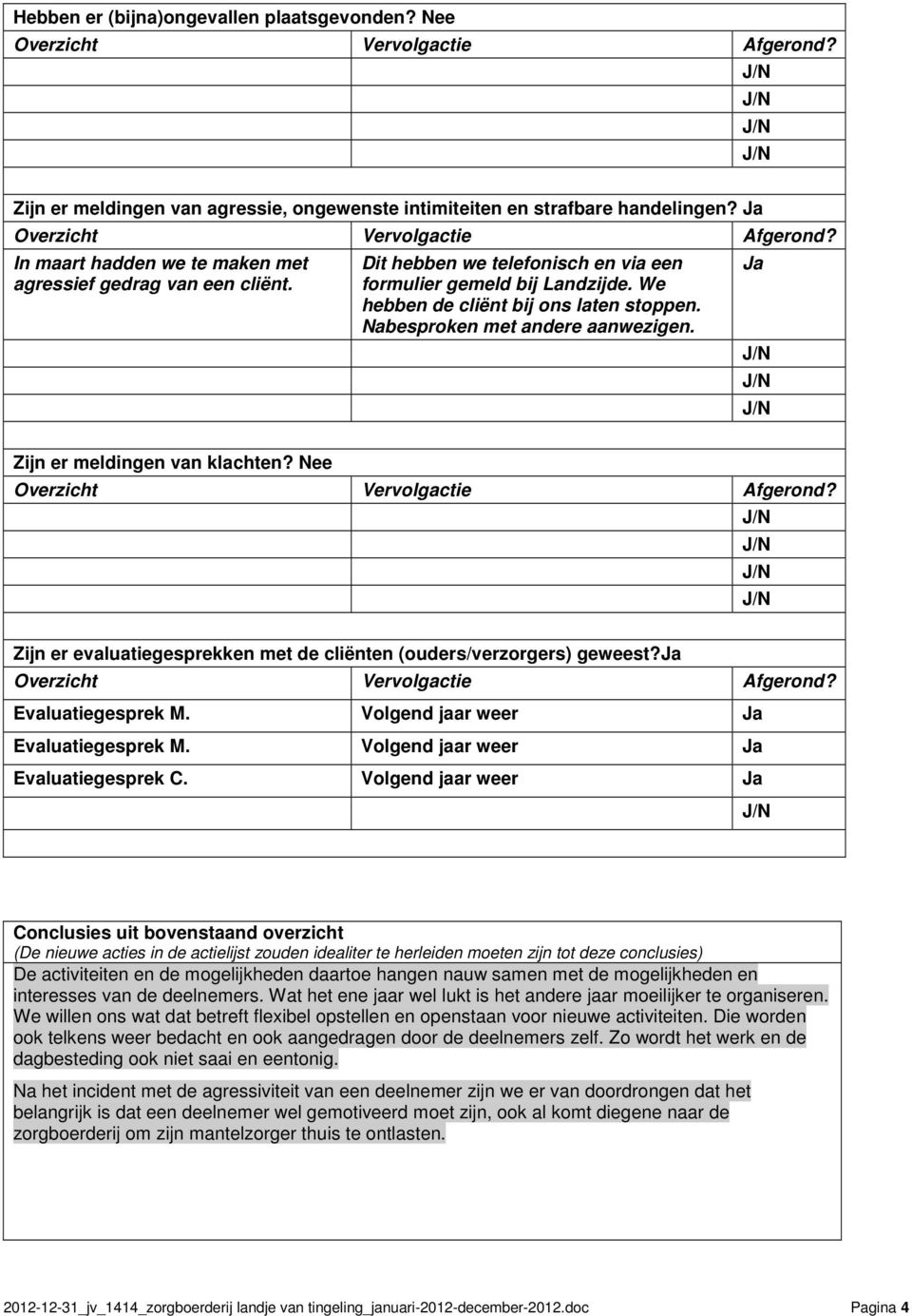 Nabesproken met andere aanwezigen. Ja Zijn er meldingen van klachten? Nee Overzicht Vervolgactie Afgerond? Zijn er evaluatiegesprekken met de cliënten (ouders/verzorgers) geweest?