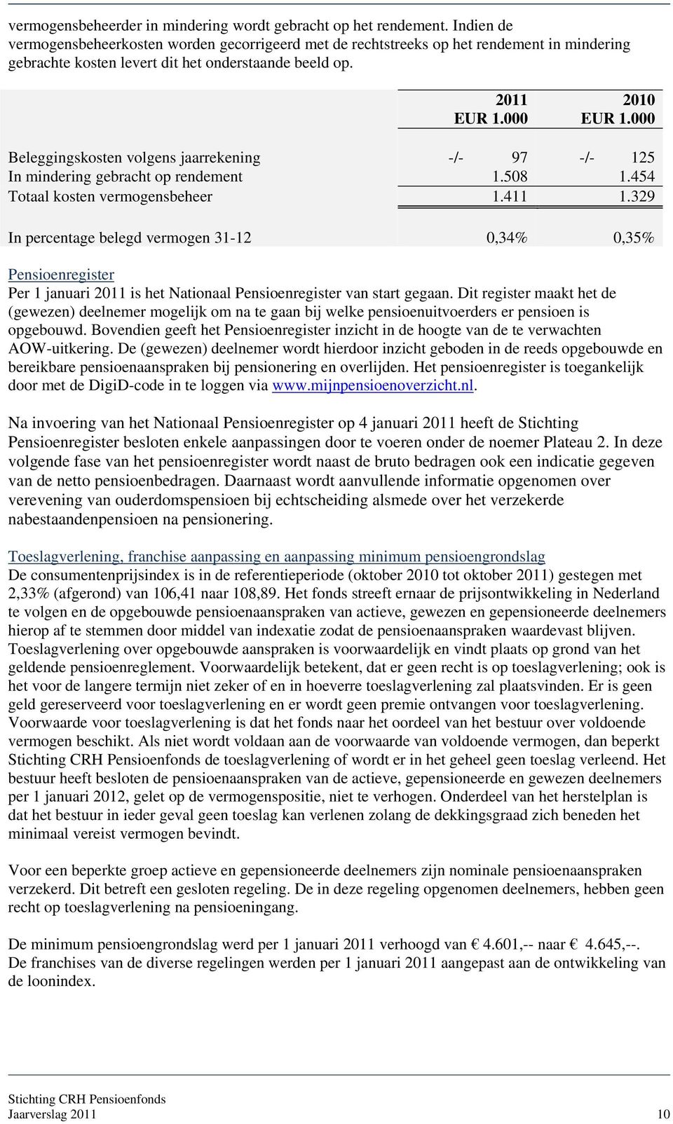 000 Beleggingskosten volgens jaarrekening -/- 97 -/- 125 In mindering gebracht op rendement 1.508 1.454 Totaal kosten vermogensbeheer 1.411 1.