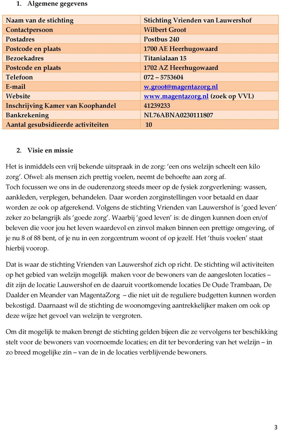 nl Website www.magentazorg.nl (zoek op VVL) Inschrijving Kamer van Koophandel 41239233 Bankrekening NL76ABNA0230111807 Aantal gesubsidieerde activiteiten 10 2.