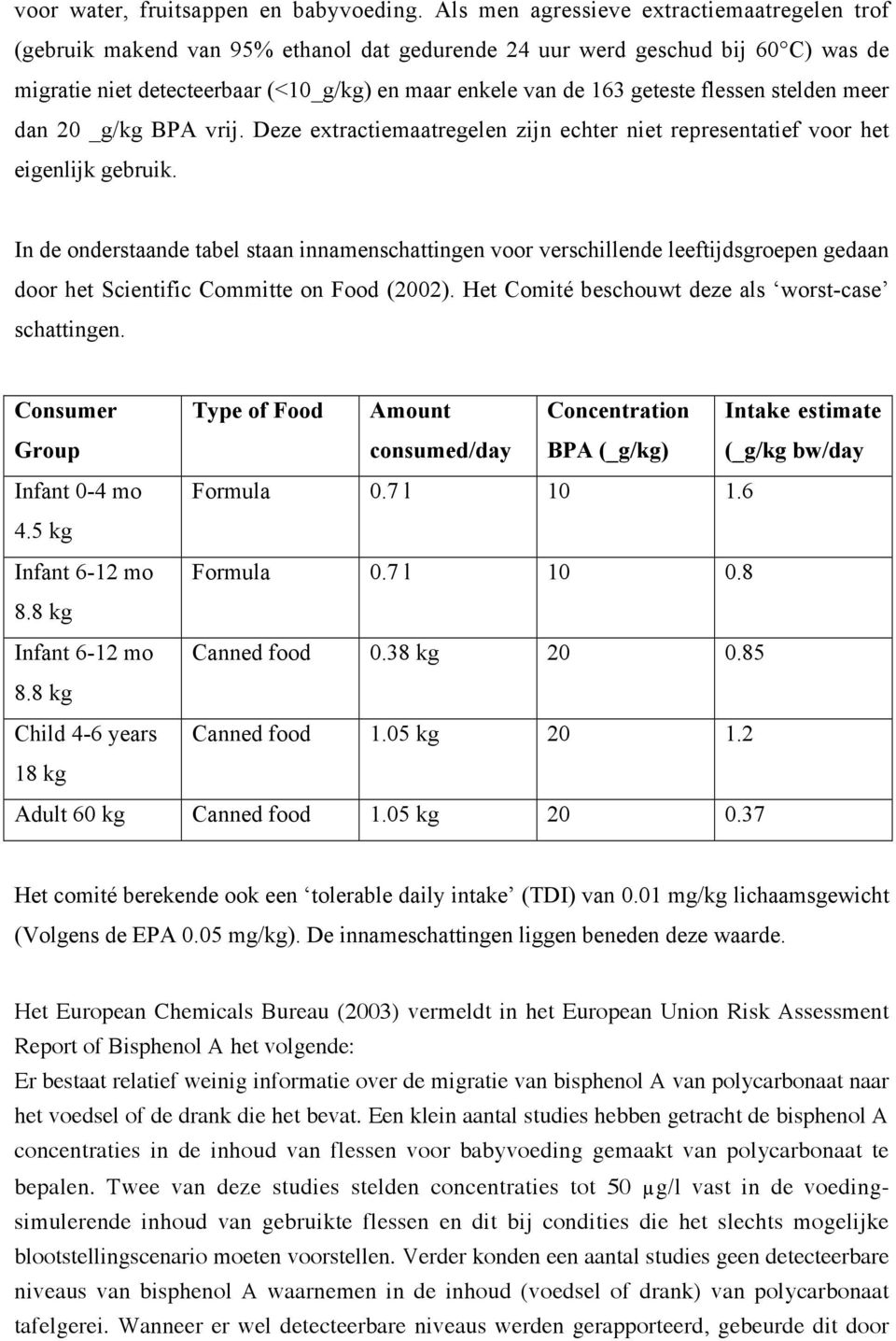 geteste flessen stelden meer dan 20 _g/kg BPA vrij. Deze extractiemaatregelen zijn echter niet representatief voor het eigenlijk gebruik.