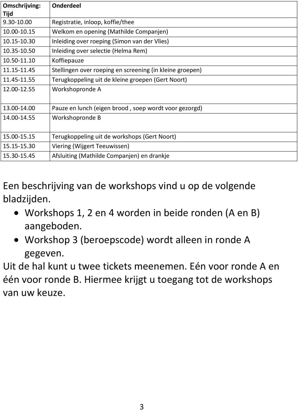 00-12.55 Workshopronde A 13.00-14.00 Pauze en lunch (eigen brood, soep wordt voor gezorgd) 14.00-14.55 Workshopronde B 15.00-15.15 Terugkoppeling uit de workshops (Gert Noort) 15.15-15.