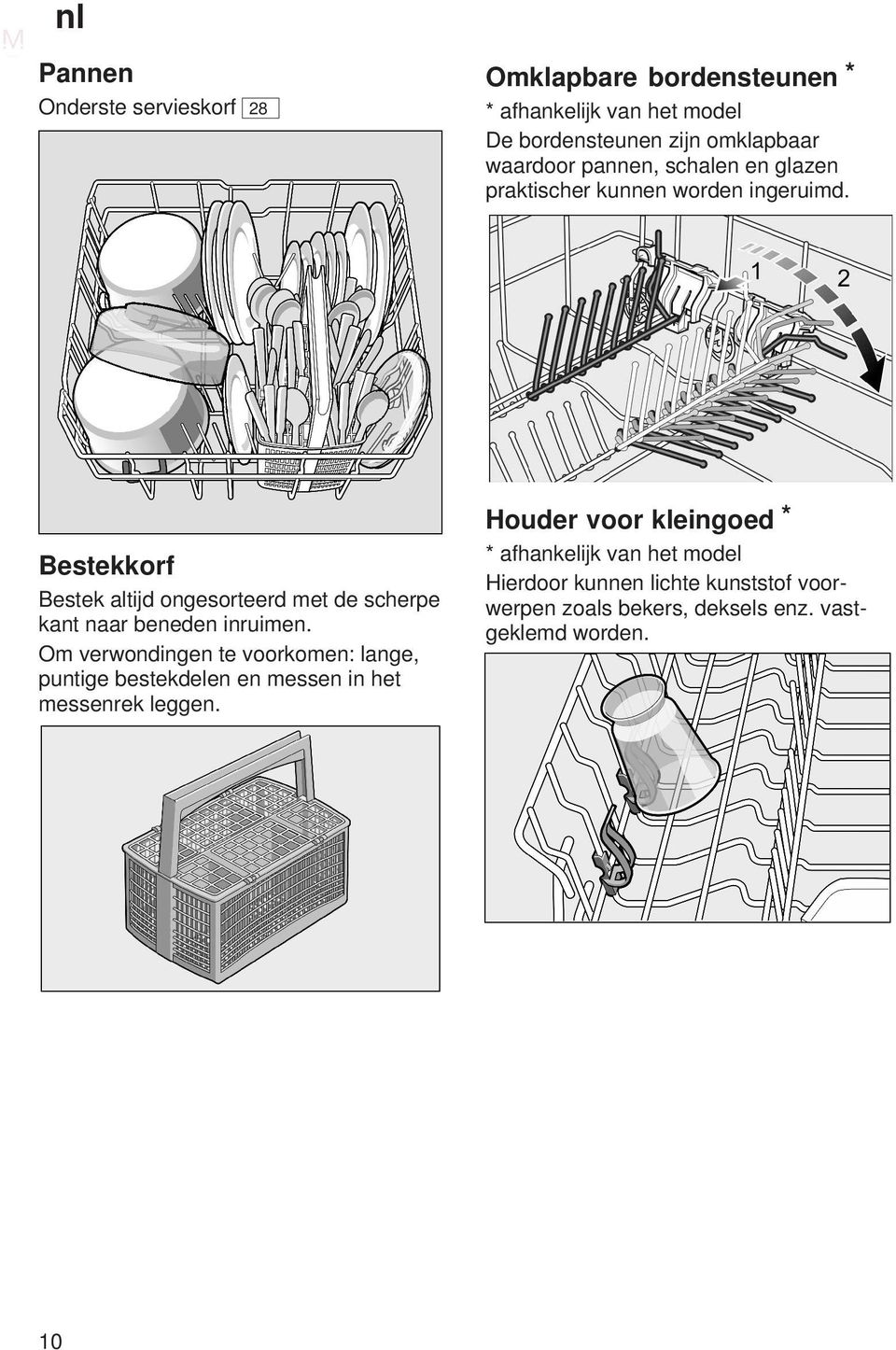 Bestekkorf Bestek altijd ongesorteerd met de scherpe kant naar beneden inruimen.