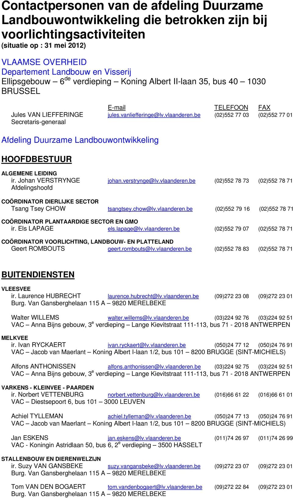 be () () Secretaris-generaal Afdeling Duurzame Landbouwontwikkeling HOOFDBESTUUR ALGEMENE LEIDING ir. Johan VERSTRYNGE johan.verstrynge@lv.vlaanderen.