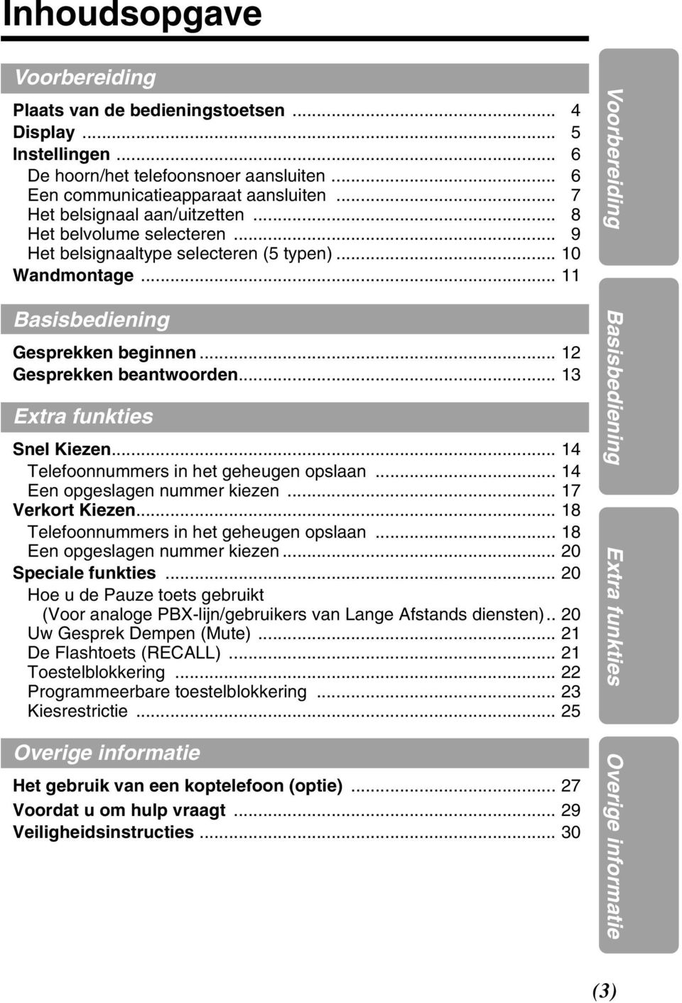 .. 13 Extra funkties Snel Kiezen... 14 Telefoonnummers in het geheugen opslaan... 14 Een opgeslagen nummer kiezen... 17 Verkort Kiezen... 18 Telefoonnummers in het geheugen opslaan.