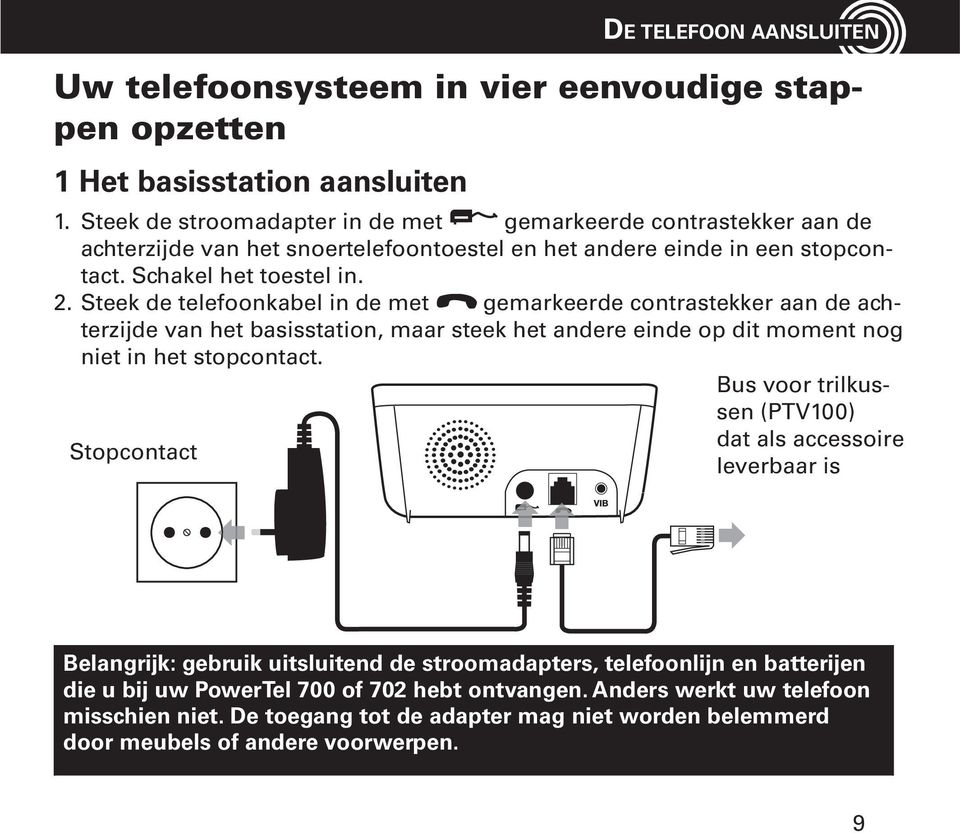 Steek de telefoonkabel in de met gemarkeerde contrastekker aan de achterzijde van het basisstation, maar steek het andere einde op dit moment nog niet in het stopcontact.