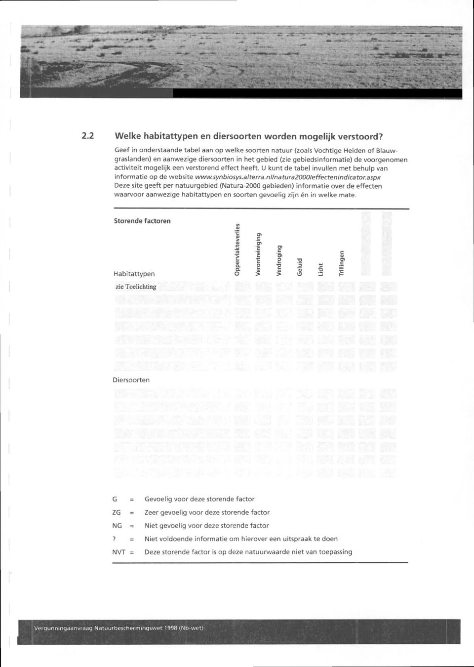 verstorend effect heeft. U kunt de tabel invullen met behulp van informatie op de website www.synbiosys.alterra.nl/natura2000/effectenindicator.