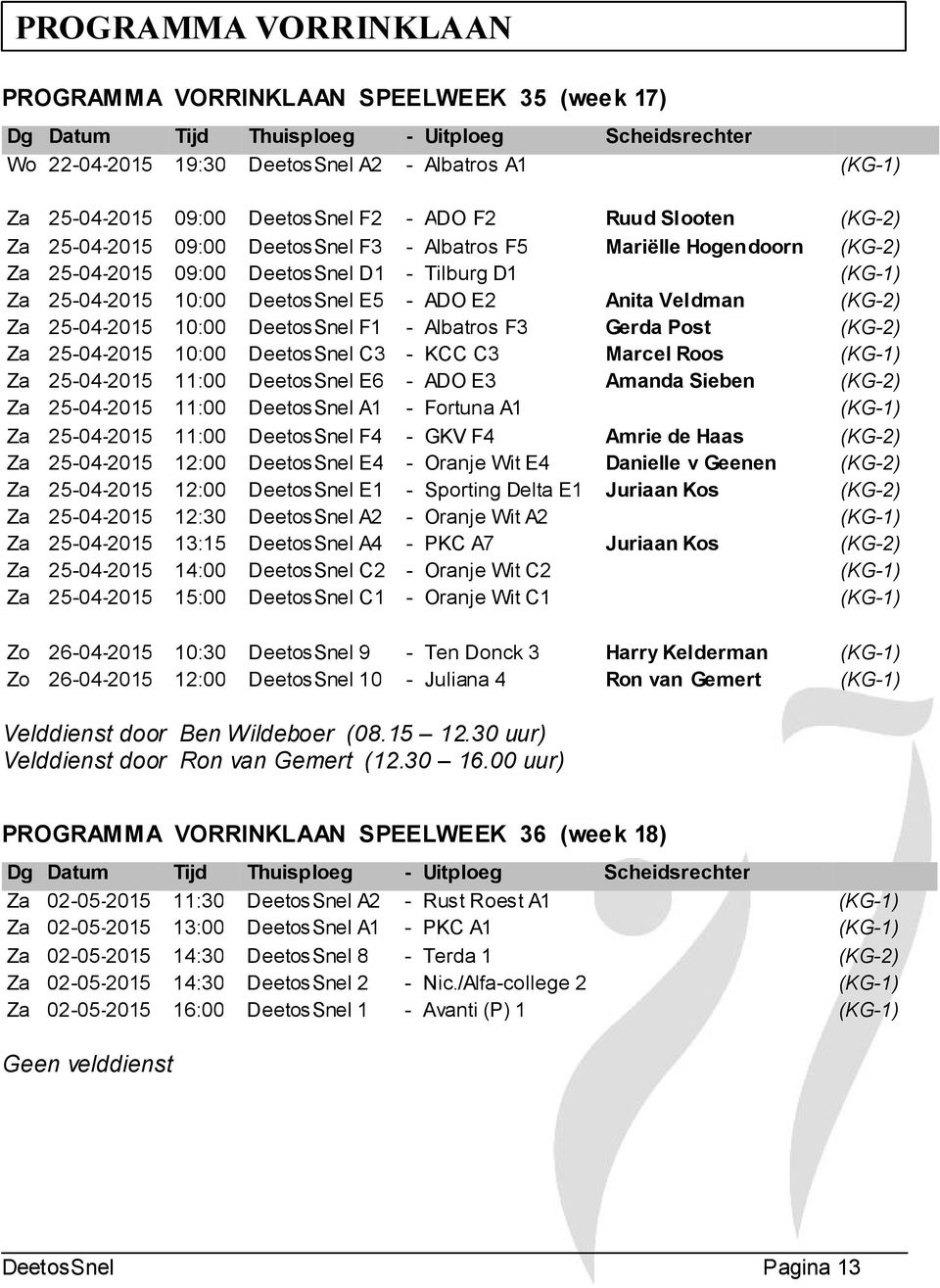 Za 25-04-2015 10:00 DeetoSnel E5 - ADO E2 Anita Veldman (KG-2) Za 25-04-2015 10:00 DeetoSnel F1 - Albatro F3 Gerda Pot (KG-2) Za 25-04-2015 10:00 DeetoSnel C3 - KCC C3 Marcel Roo (KG-1) Za 25-04-2015