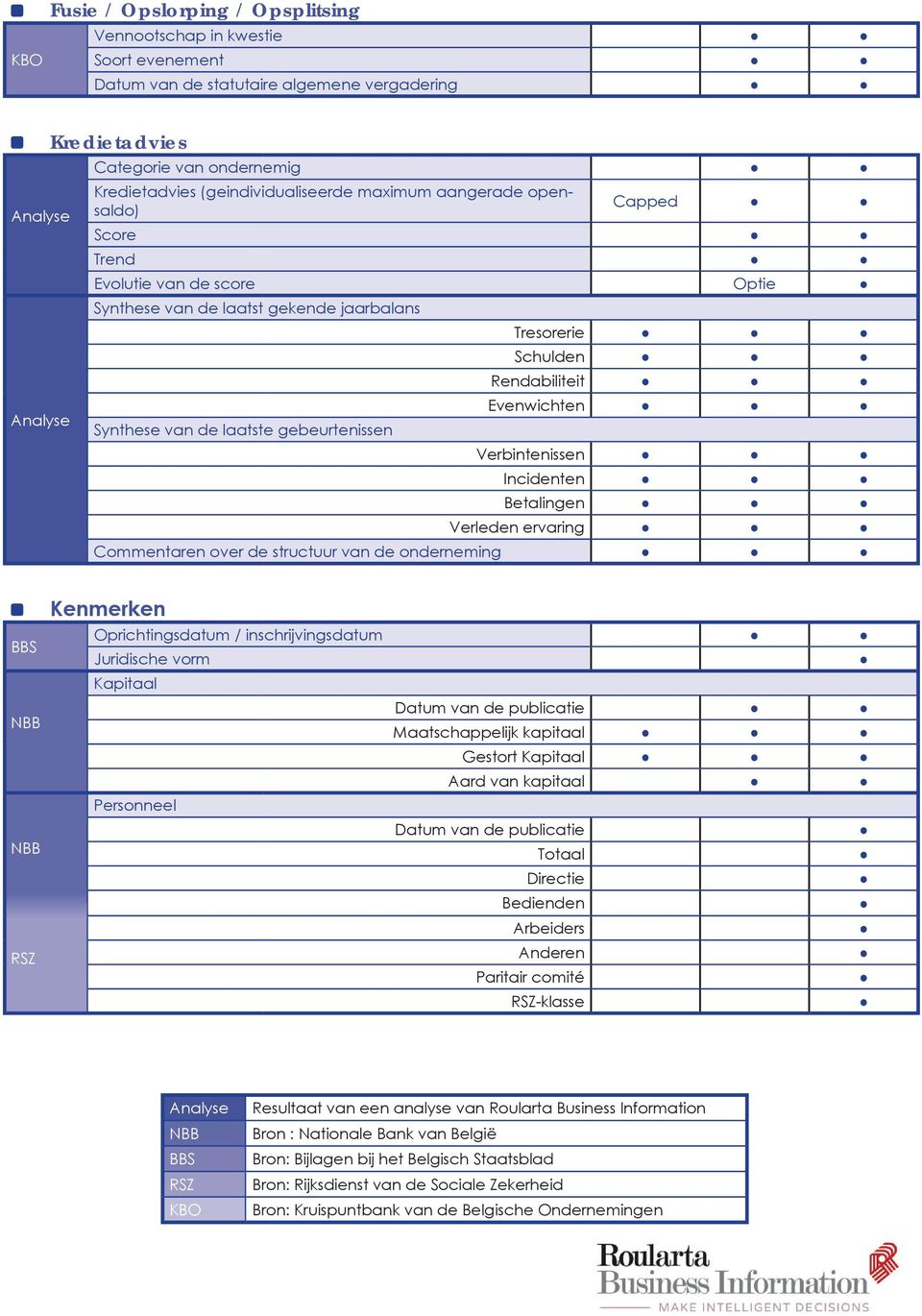 Synthese van de laatste gebeurtenissen Verbintenissen Incidenten Betalingen Verleden ervaring Commentaren over de structuur van de onderneming Kenmerken Oprichtingsdatum /