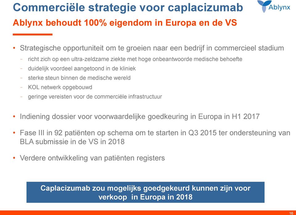 geringe vereisten vr de cmmerciële infrastructuur Indiening dssier vr vrwaardelijke gedkeuring in Eurpa in H1 2017 Fase III in 92 patiënten p schema m te starten in Q3