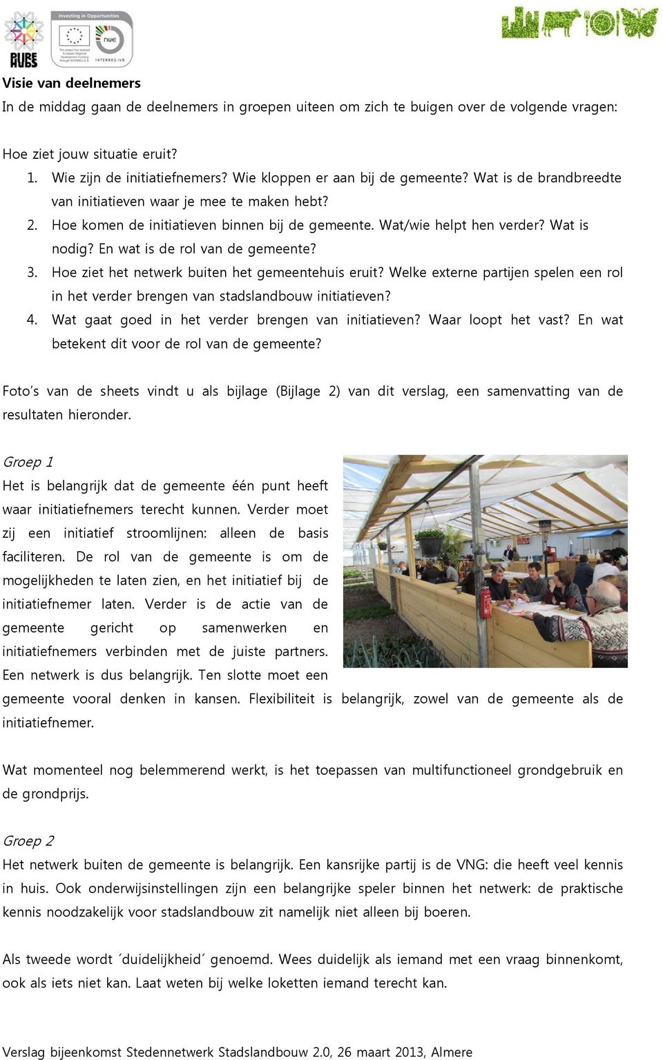 En wat is de rol van de gemeente? 3. Hoe ziet het netwerk buiten het gemeentehuis eruit? Welke externe partijen spelen een rol in het verder brengen van stadslandbouw initiatieven? 4.