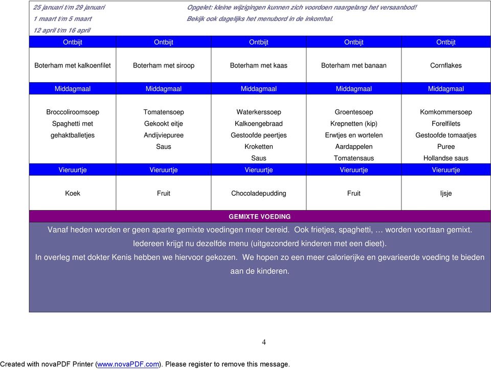 12 april t/m 16 april Boterham met kalkoenfilet Boterham met siroop Boterham met kaas Boterham met banaan Cornflakes Broccoliroomsoep Spaghetti