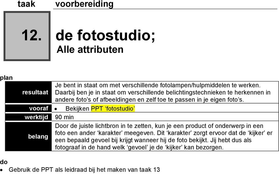 vooraf Bekijken PPT fotostudio werktijd 90 min Door de juiste lichtbron in te zetten, kun je een product of onderwerp in een foto een ander karakter meegeven.