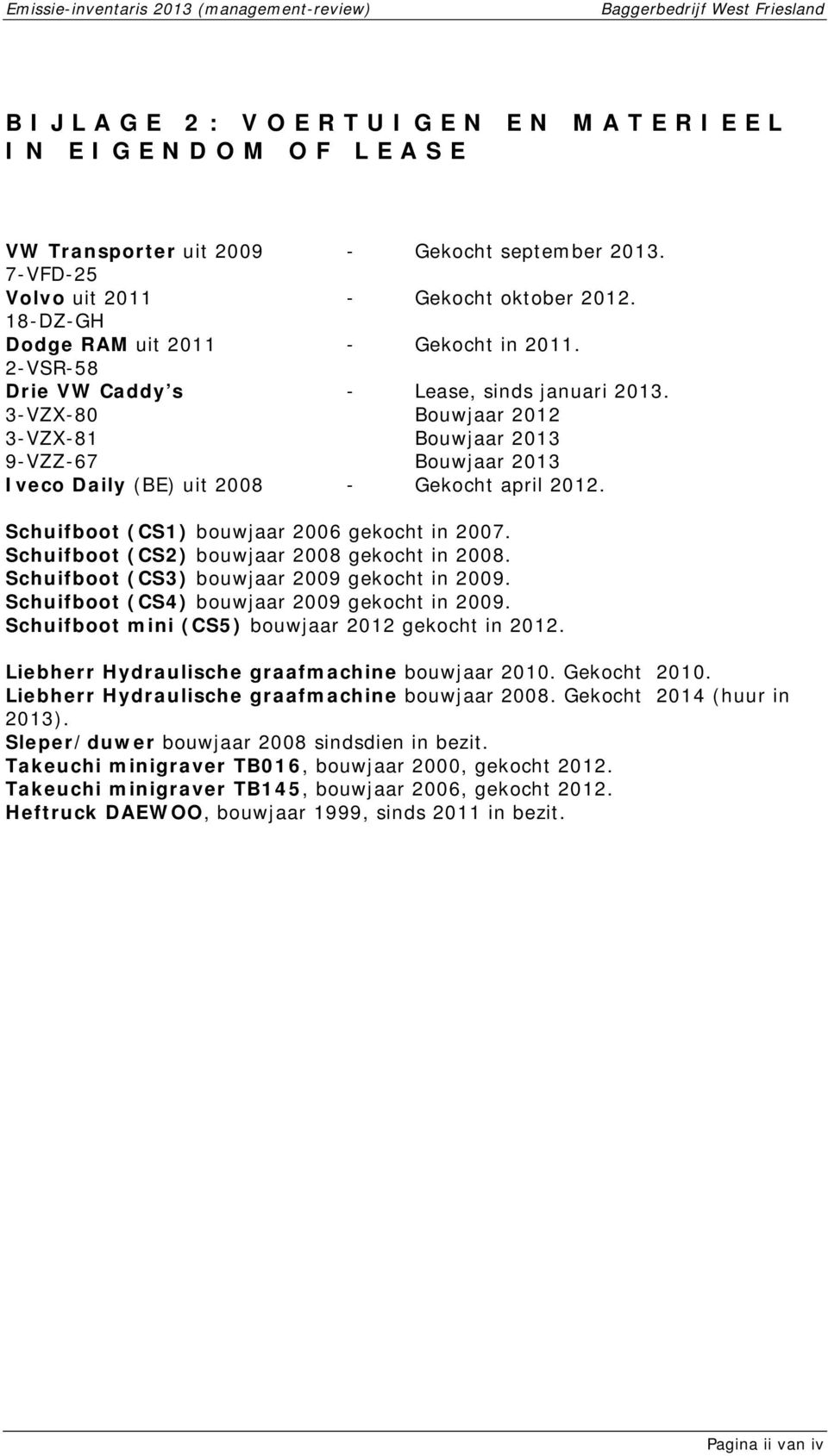 3-VZX-80 Bouwjaar 2012 3-VZX-81 Bouwjaar 2013 9-VZZ-67 Bouwjaar 2013 Iveco Daily (BE) uit 2008 - Gekocht april 2012. Schuifboot (CS1) bouwjaar 2006 gekocht in 2007.